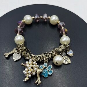 Betsey Johnson Pearl Poodle Dog, Blue Enameled Bone Beads
Stretch Charm Bracelet